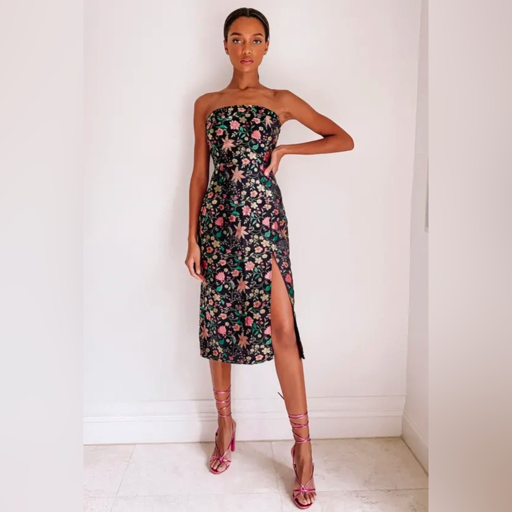 Black Satin Floral Jacquard Strapless Midi Dress. Lulus NWT. $70 MSRP